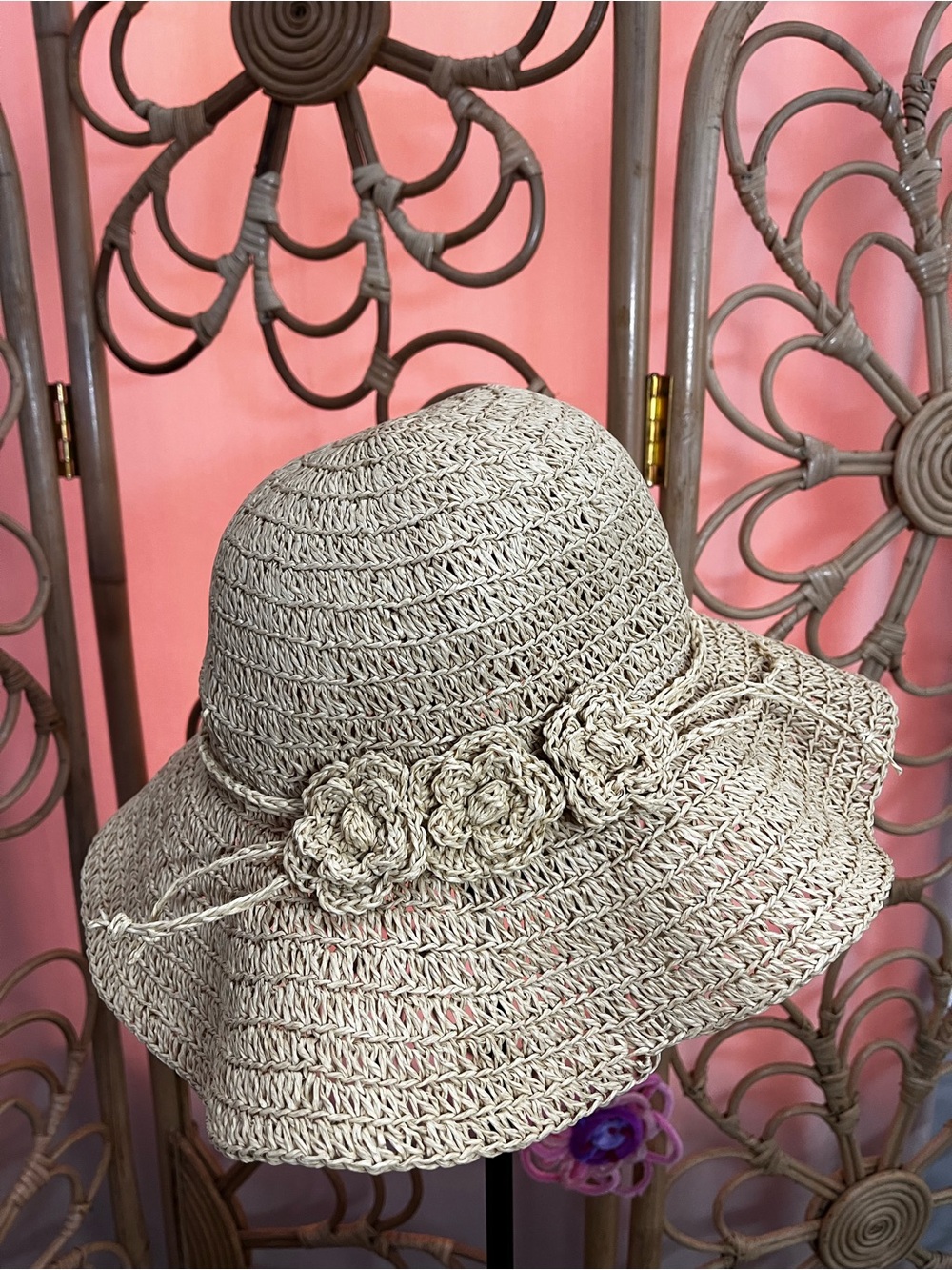 boho straw sun hat w crochet flowers cottage core garden hat